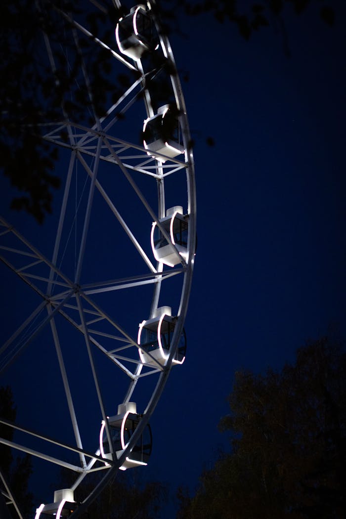 A striking view of a Ferris wheel illuminated at night, capturing its architectural beauty and serenity.