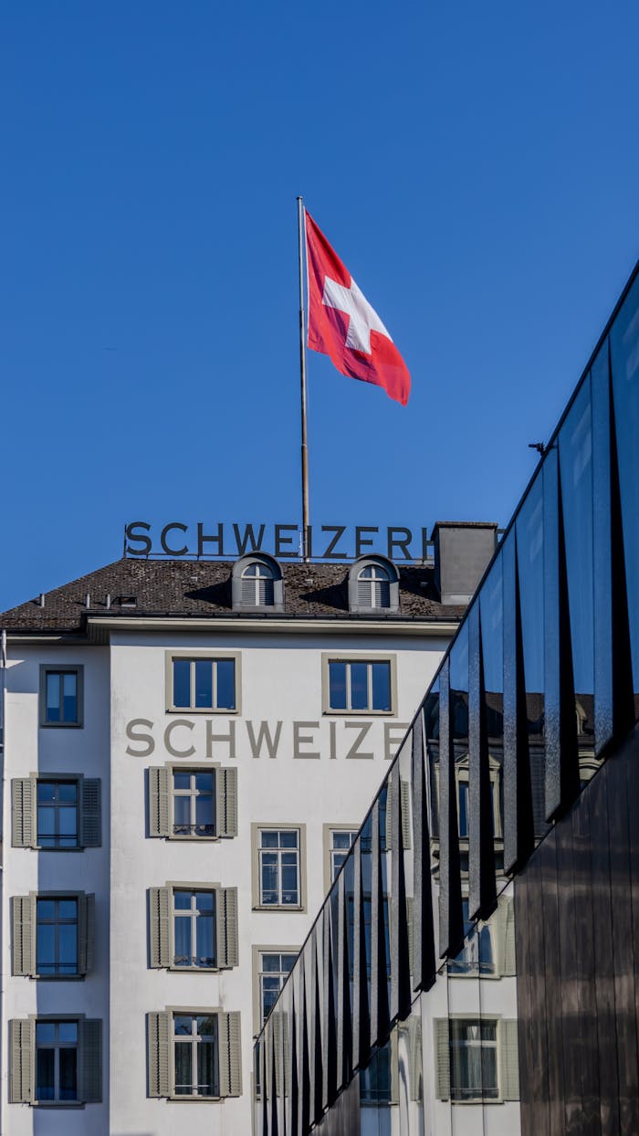 Services Modern and classic Swiss architecture under a clear sky in Lucerne, Switzerland.